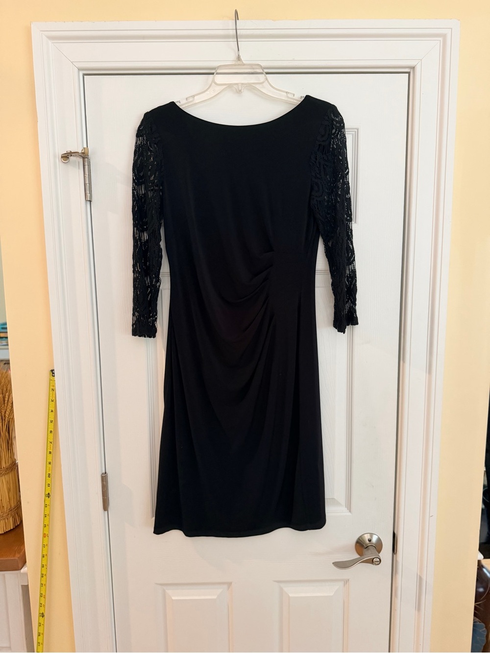Ladies Size 8 "Laura Jeffries"Elegant Black Lace-Sleeve Long Sleeve Draped Dress